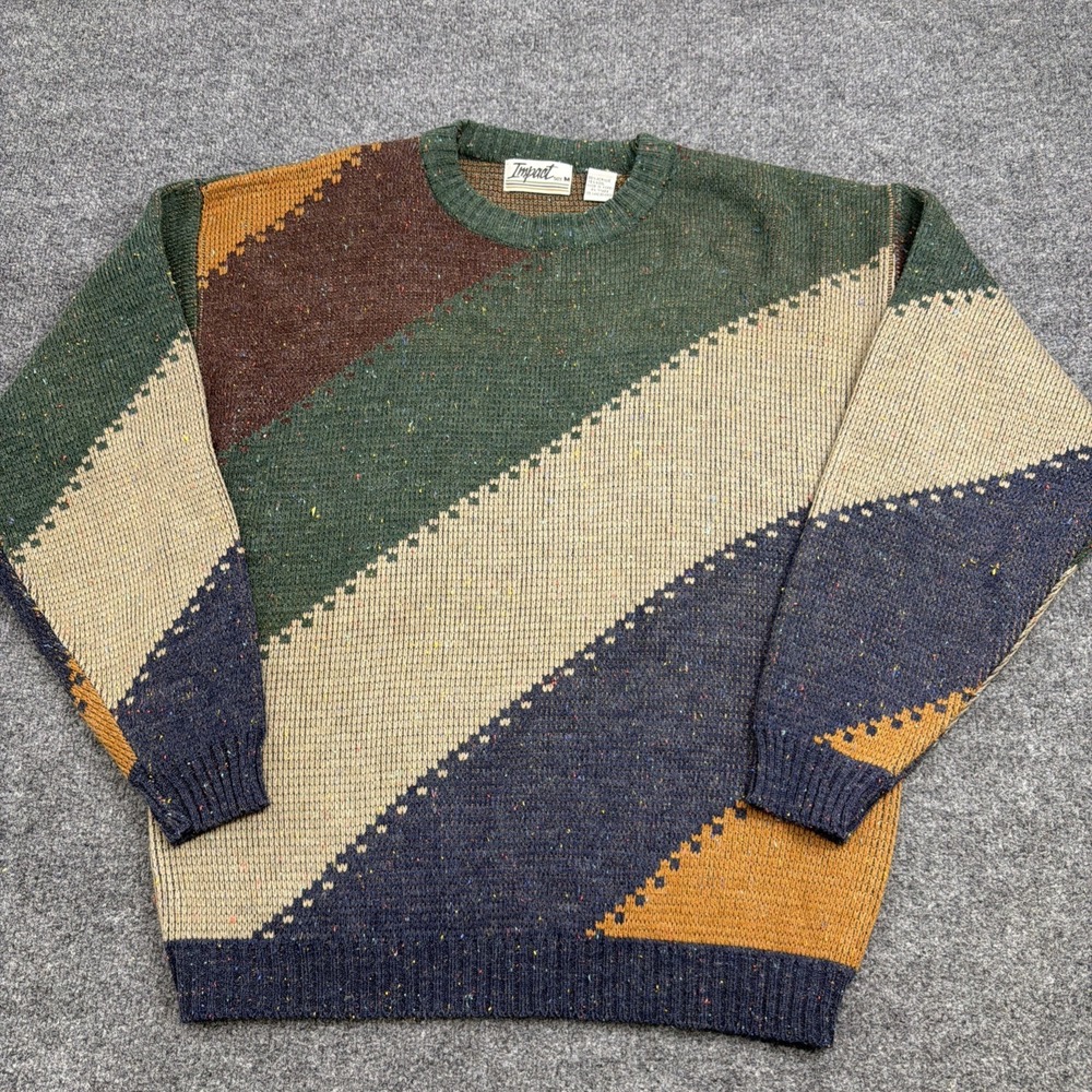 Vtg 90s Impact Striped Knit Crewneck Sweater Mens Medium Colorblock Grandpacore